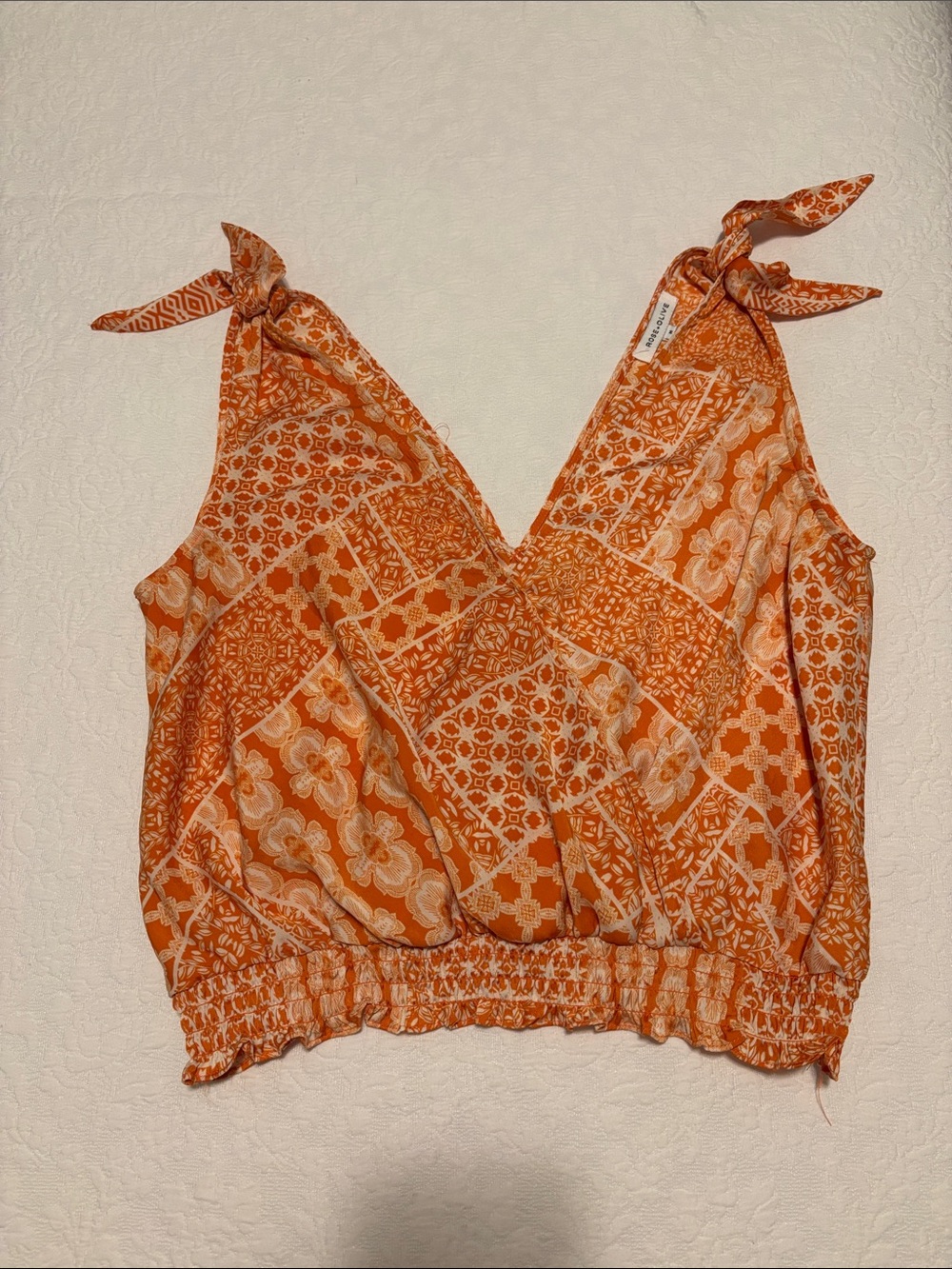 Rose & Olive Orange Patchwork Tie-Shoulder Crop Camisole